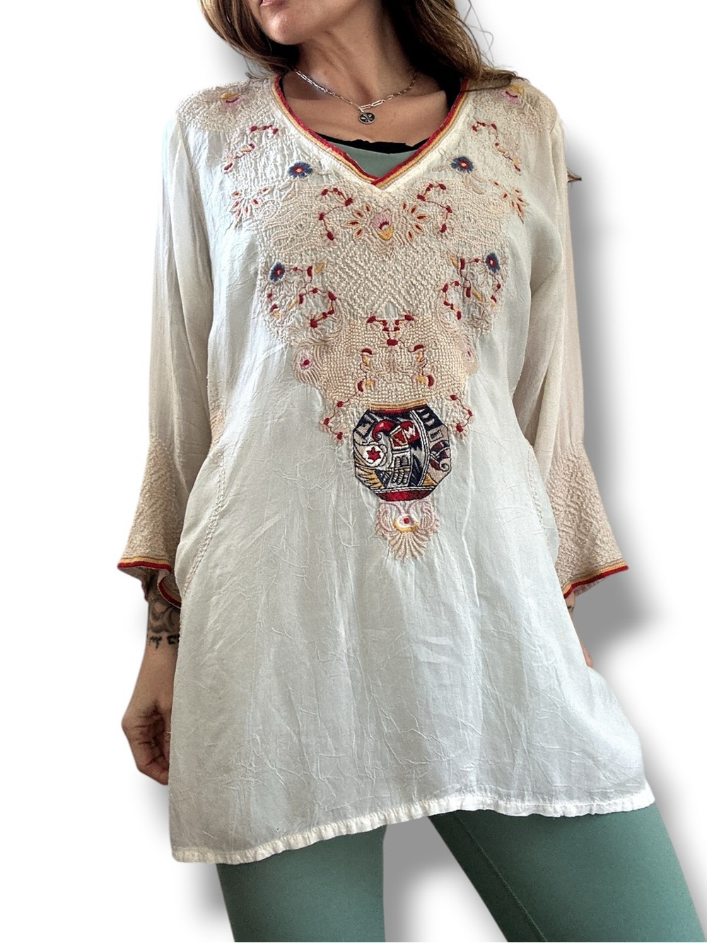 Johnny Was Embroidered V-Neck Cream Womens Tunic Top size Large - Picture 12 of 17